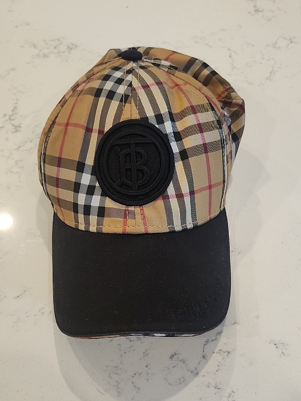Burberry Beige Check Baseball Cap with Black Brim and Raised Logo